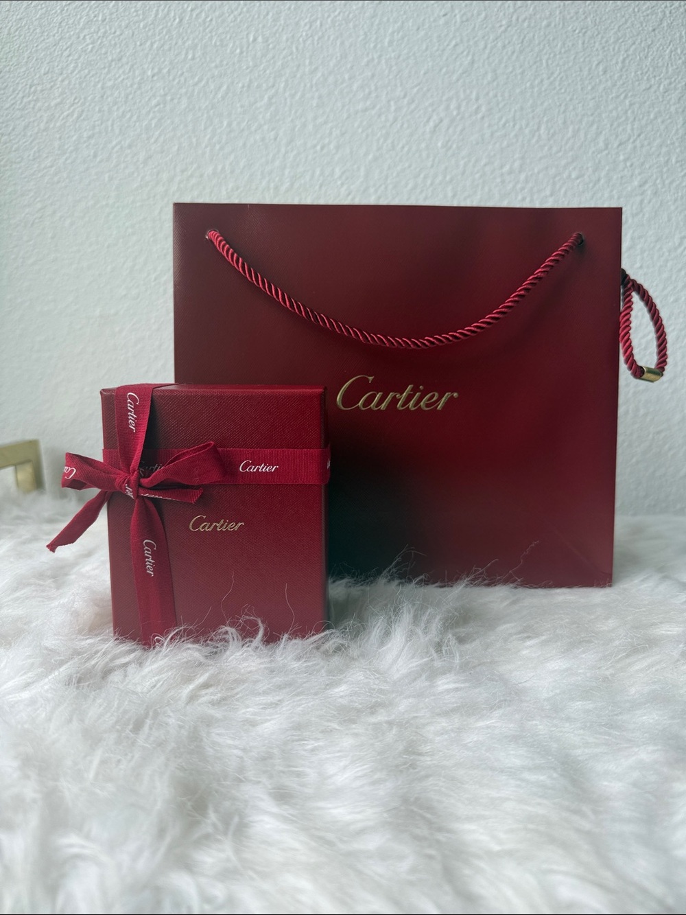 Cartier Burgundy Gift Bag and Box with Ribbon Logo and Red Rope Handles